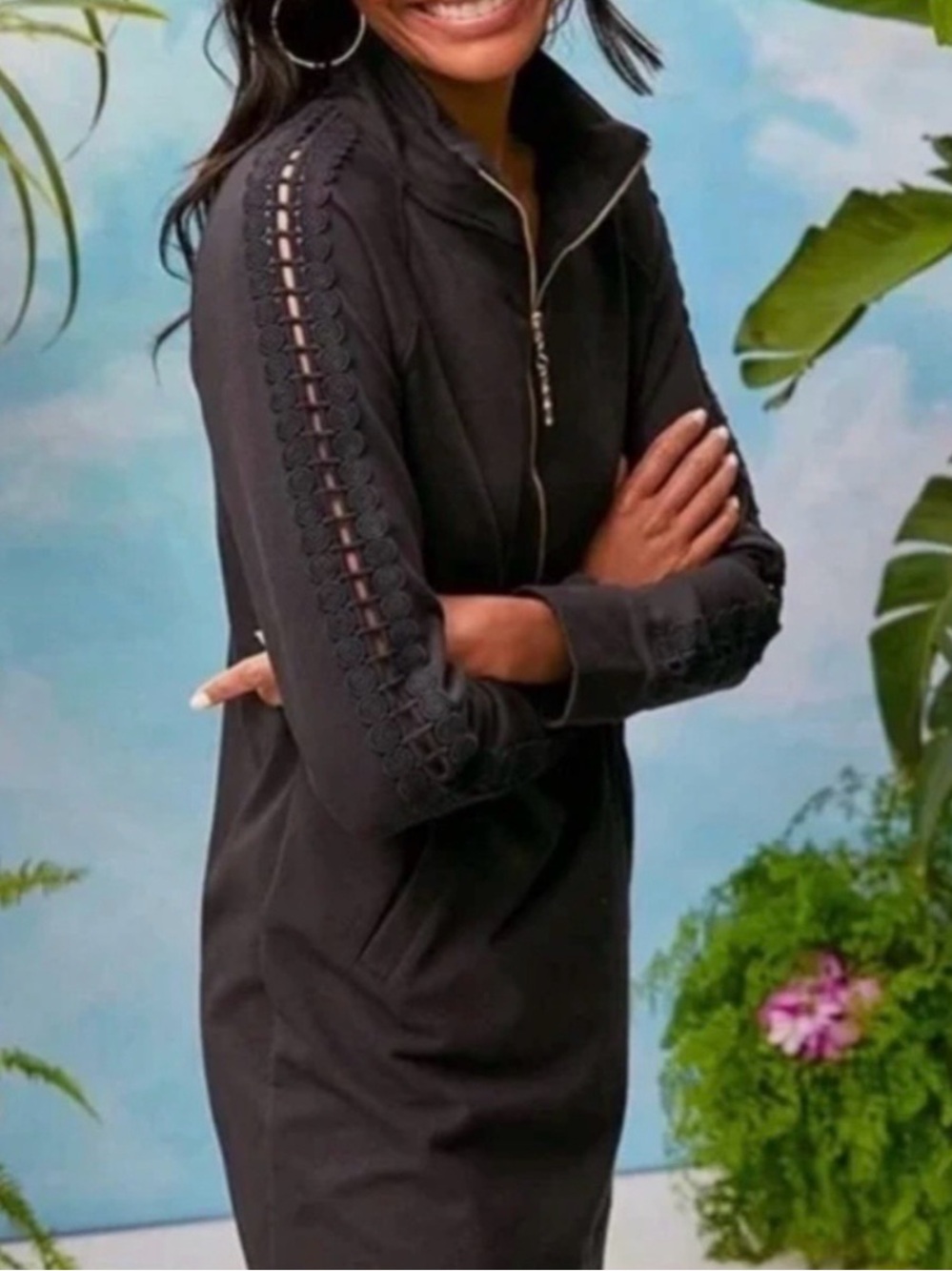 NWT Lilly Pulitzer S Skipper Dress Onyx Black Zip Long Sleeve Dress Lace Detail